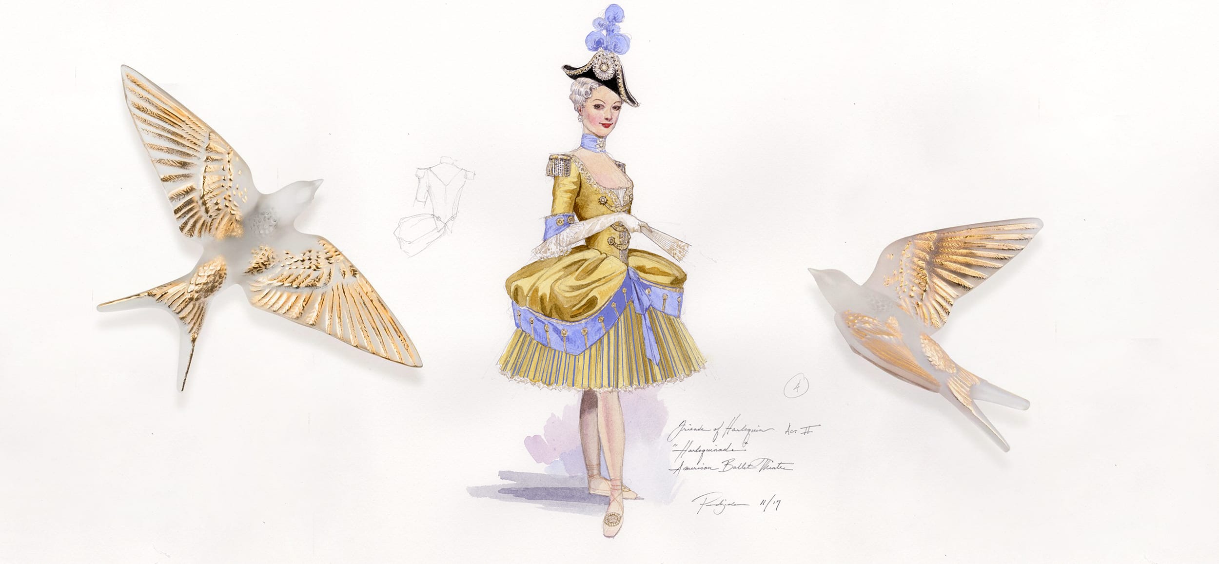 Illustration of a woman in historical dress with golden birds flying around her on a white background.