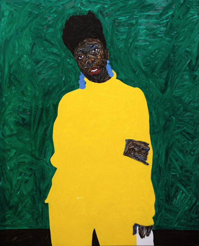 A vibrant painting of a person in a yellow outfit against a textured green background, featuring bold colors and patterns.