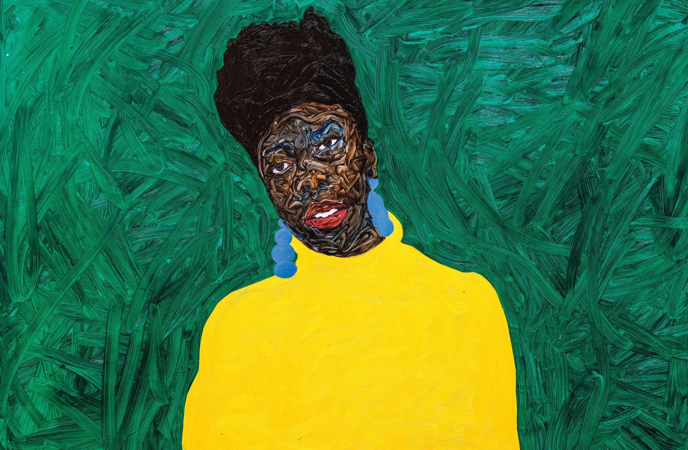 Colorful portrait of a person in a yellow sweater with blue earrings against a vibrant green textured background