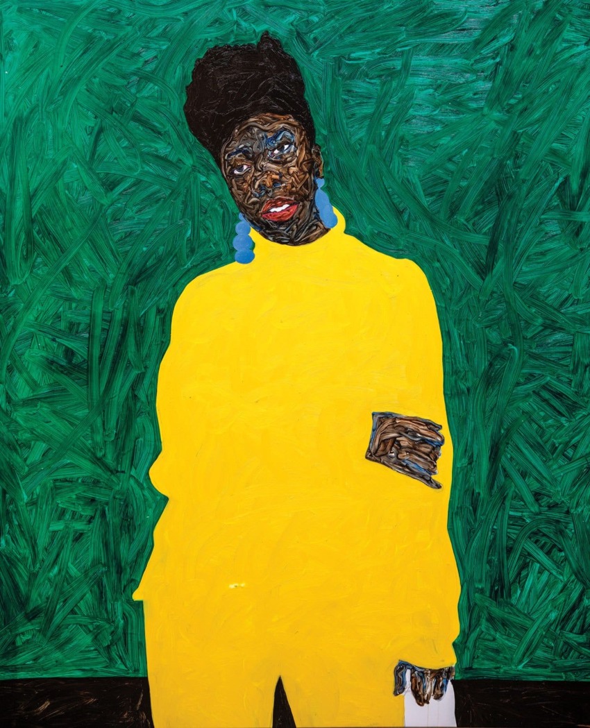 Abstract painting of a person with a yellow sweater against a textured green background, emphasizing bold colors and textures.