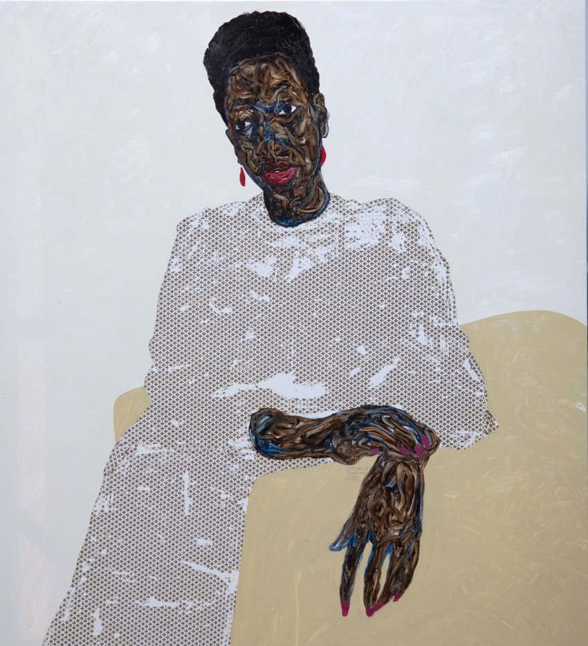 Portrait painting of a person with short hair and red earrings wearing a textured white garment, seated against a neutral background.