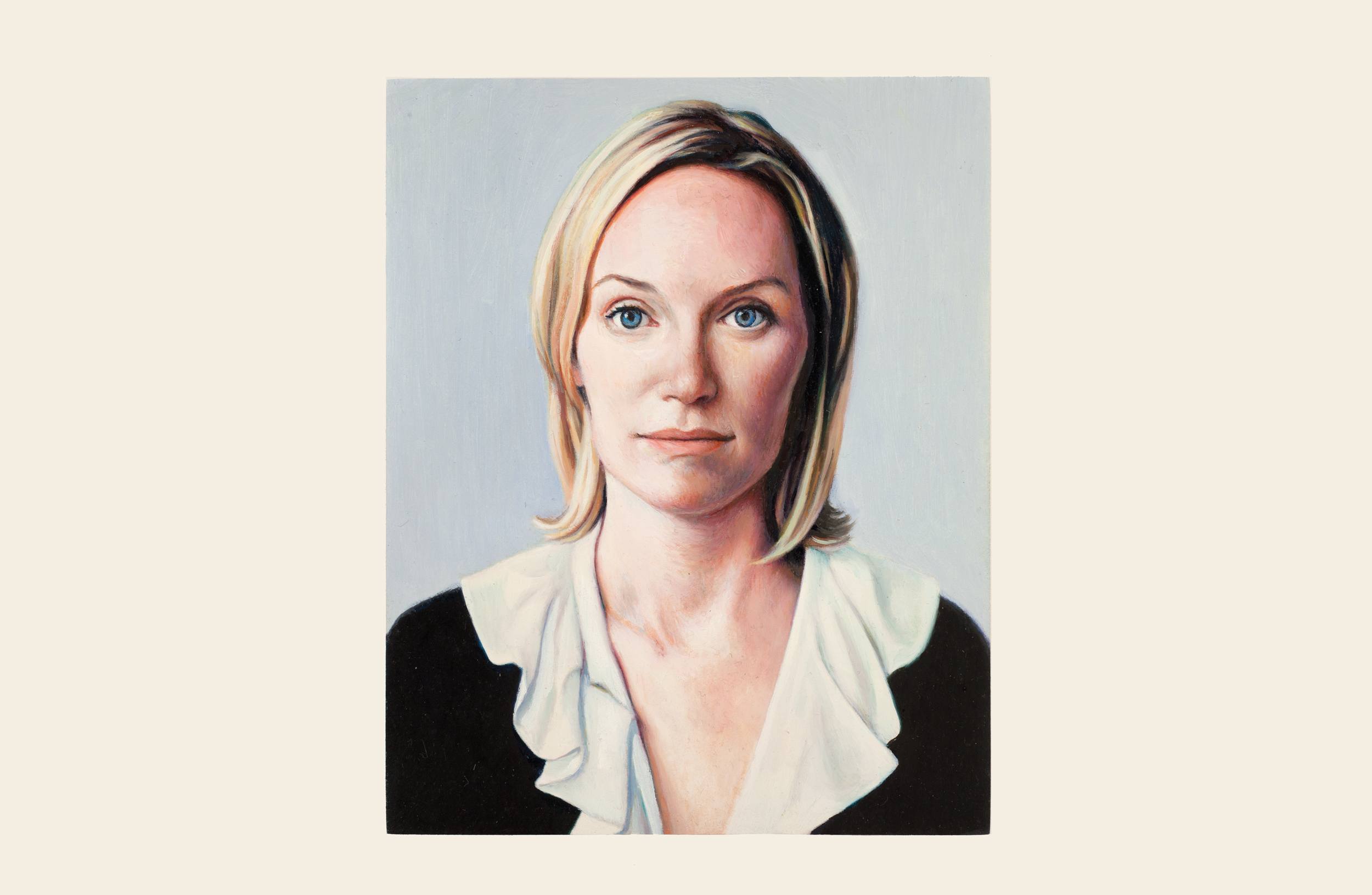 Portrait of a person with short blonde hair wearing a black and white outfit against a neutral background.
