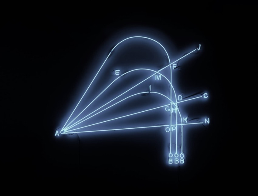 Glowing blue neon artwork with letters and lines on a dark background, resembling geometric or scientific diagram.