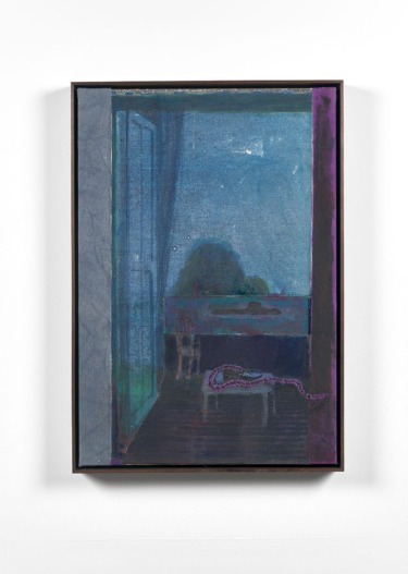 Painting of a dimly lit room with a window, a bench, and a draped purple cloth.