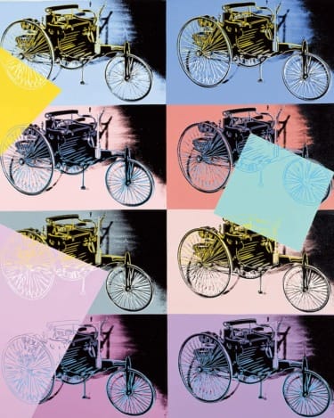 Colorful pop art collage of vintage automobiles displayed in a grid pattern using various contrasting hues and designs.