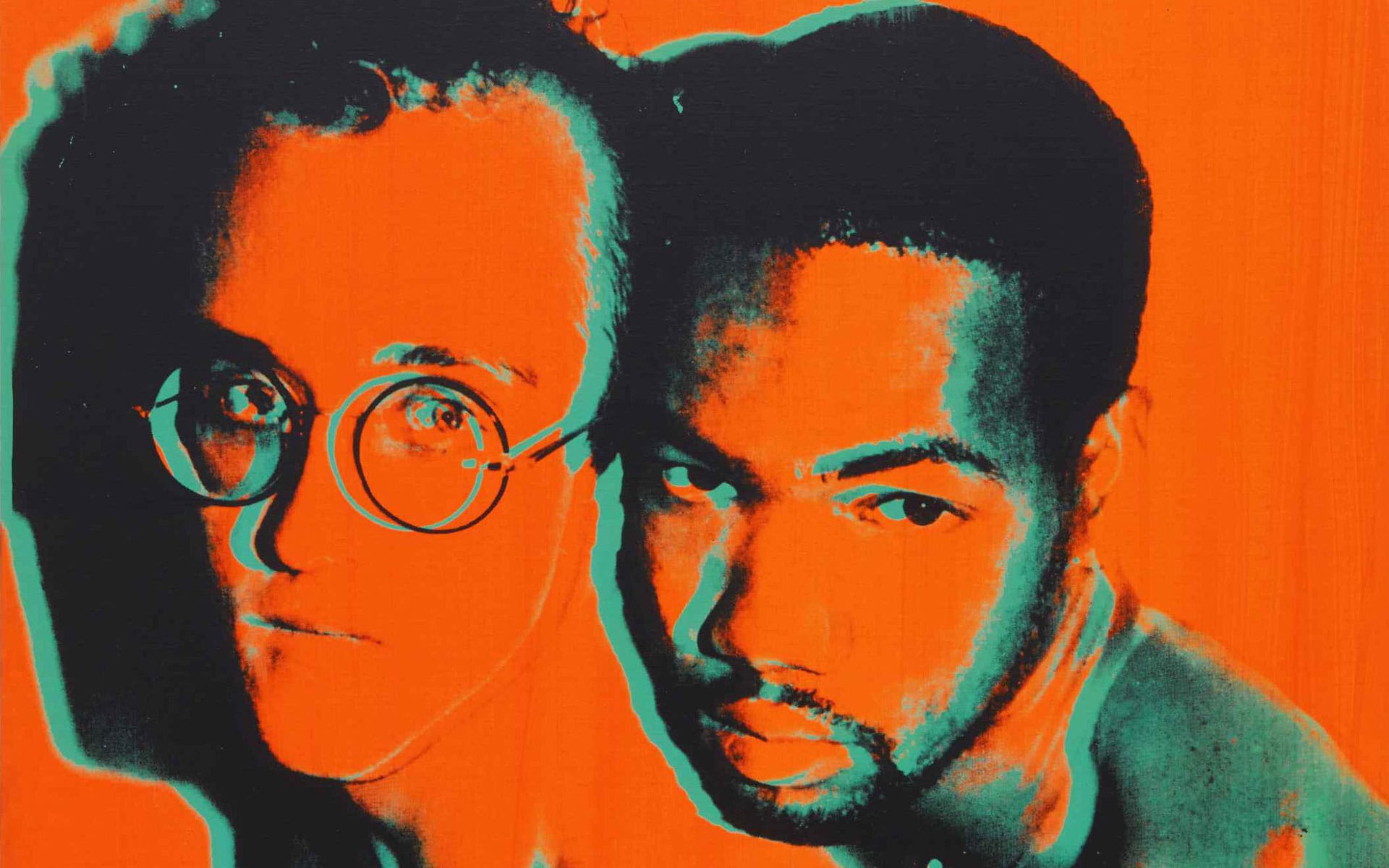 Pop art portrait of two men with contrasting backgrounds, one with glasses and the other with a contemplative expression.