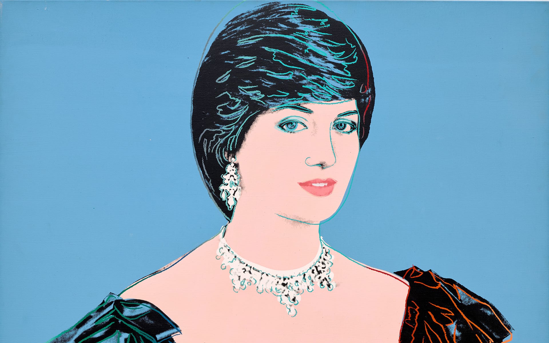 Pop art portrait of a woman with short dark hair, wearing elegant jewelry against a blue background.
