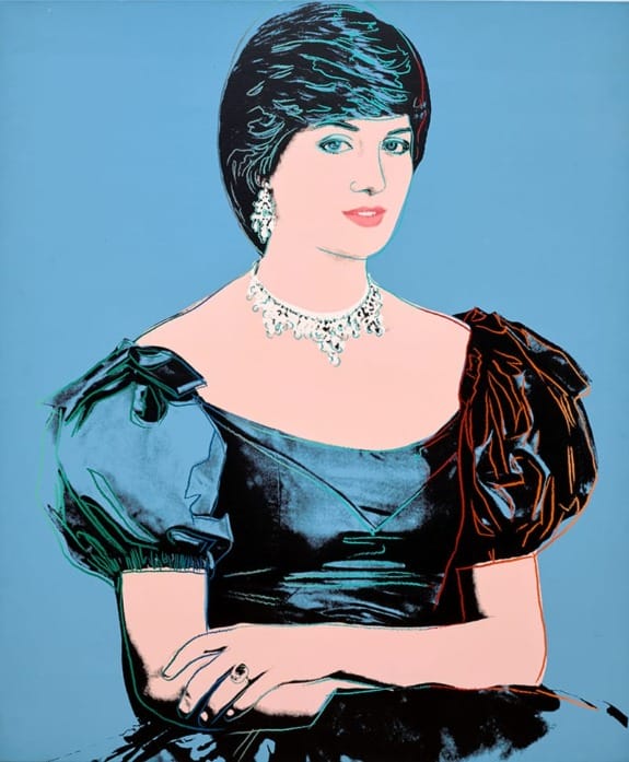 Pop art portrait of a woman in formal attire with jewelry, set against a blue background.