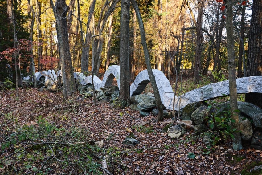 Curved stone wall winding through a forest with autumn leaves covering the ground and trees surrounding it.