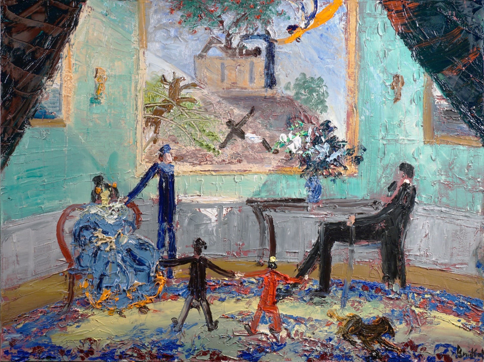 Colorful abstract painting of a family scene indoors, with a large window and intricate patterns on the carpet.
