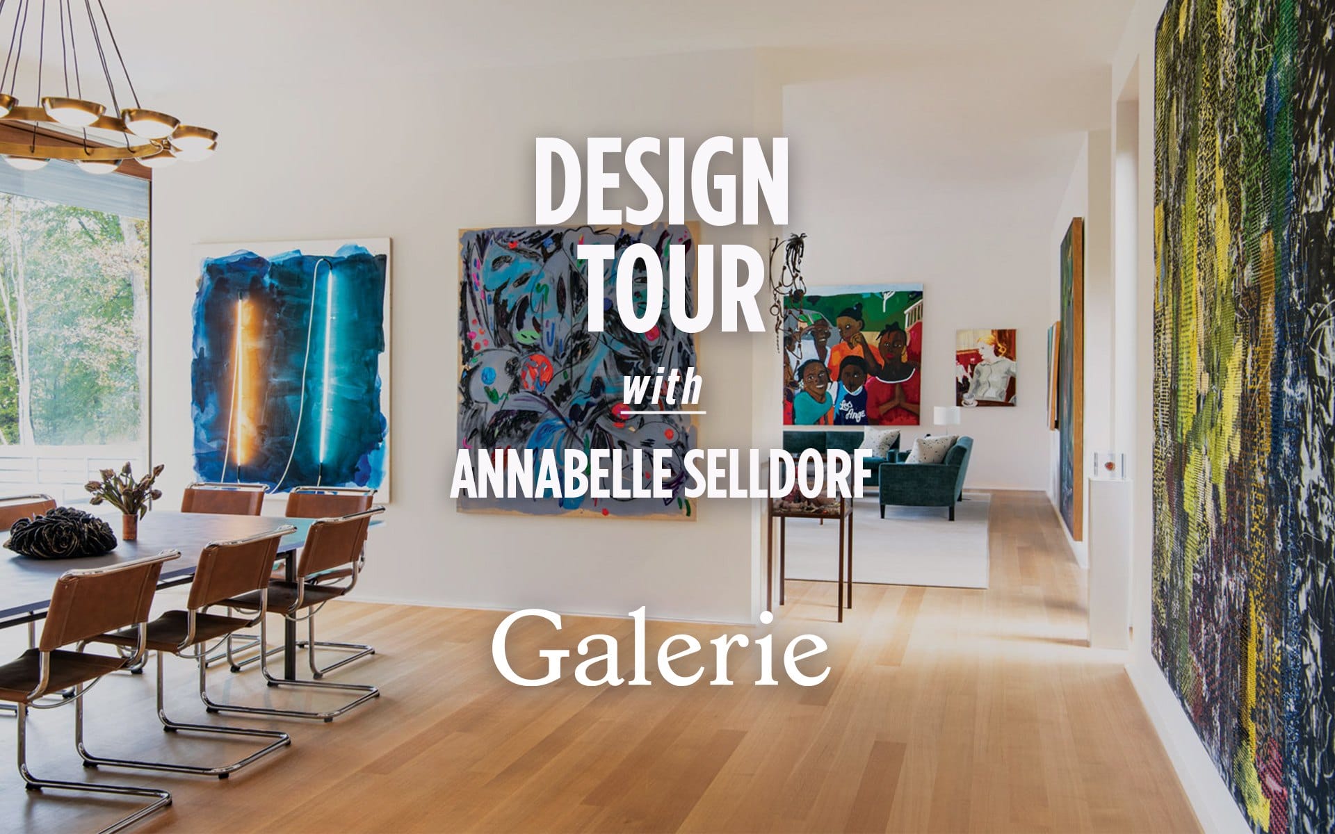 Modern art-filled dining and living area with wooden floors and large windows.