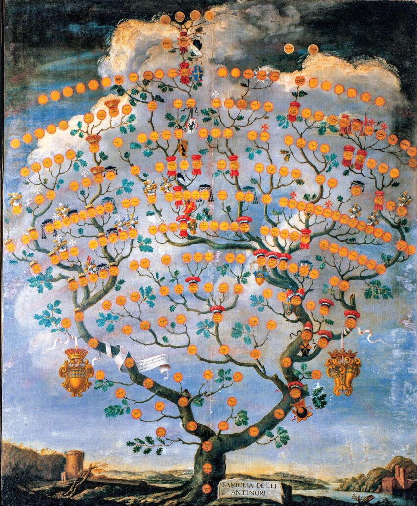 Family tree painting with decorative symbols, colorful circles, and branches against a cloudy sky background.