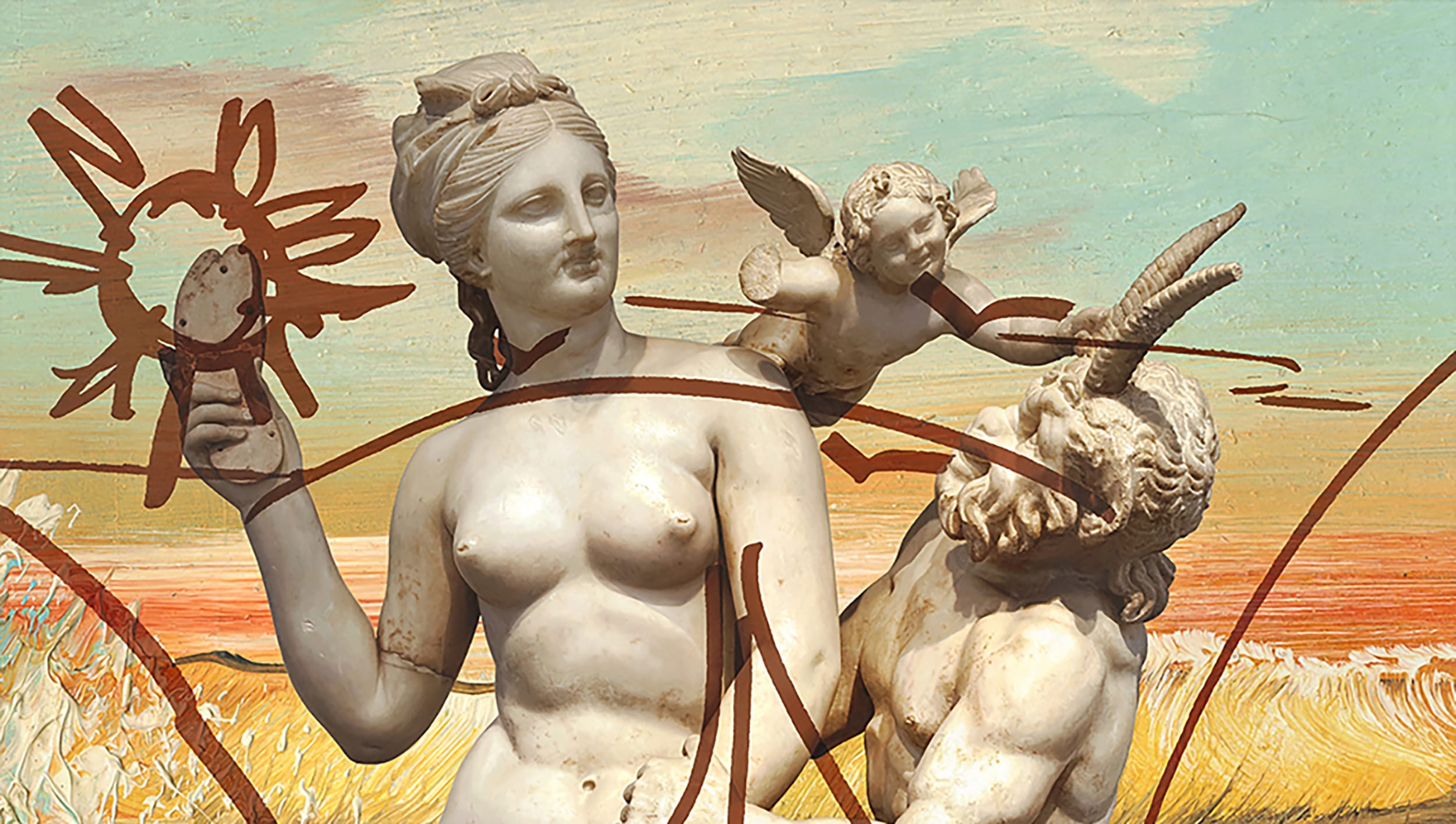 Classical statues with modern artistic graffiti elements against a vibrant sky background.