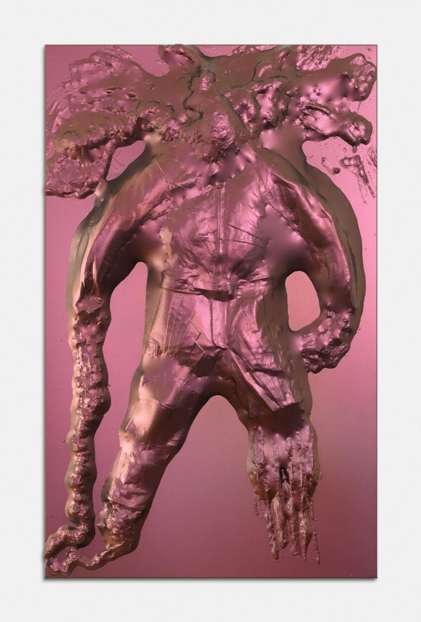 Abstract artwork of a figure in a pink textured suit with dynamic, fluid-like extensions on a pink background.