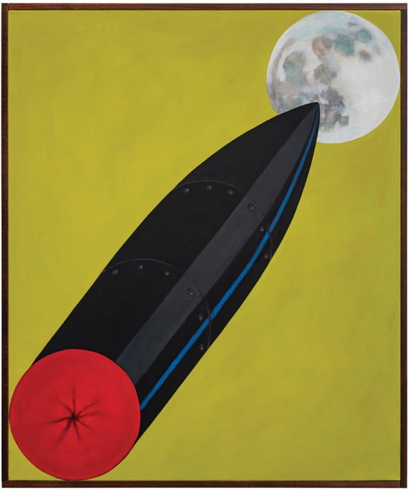 A surreal painting of a missile with a red nose headed towards the moon against a yellow background.