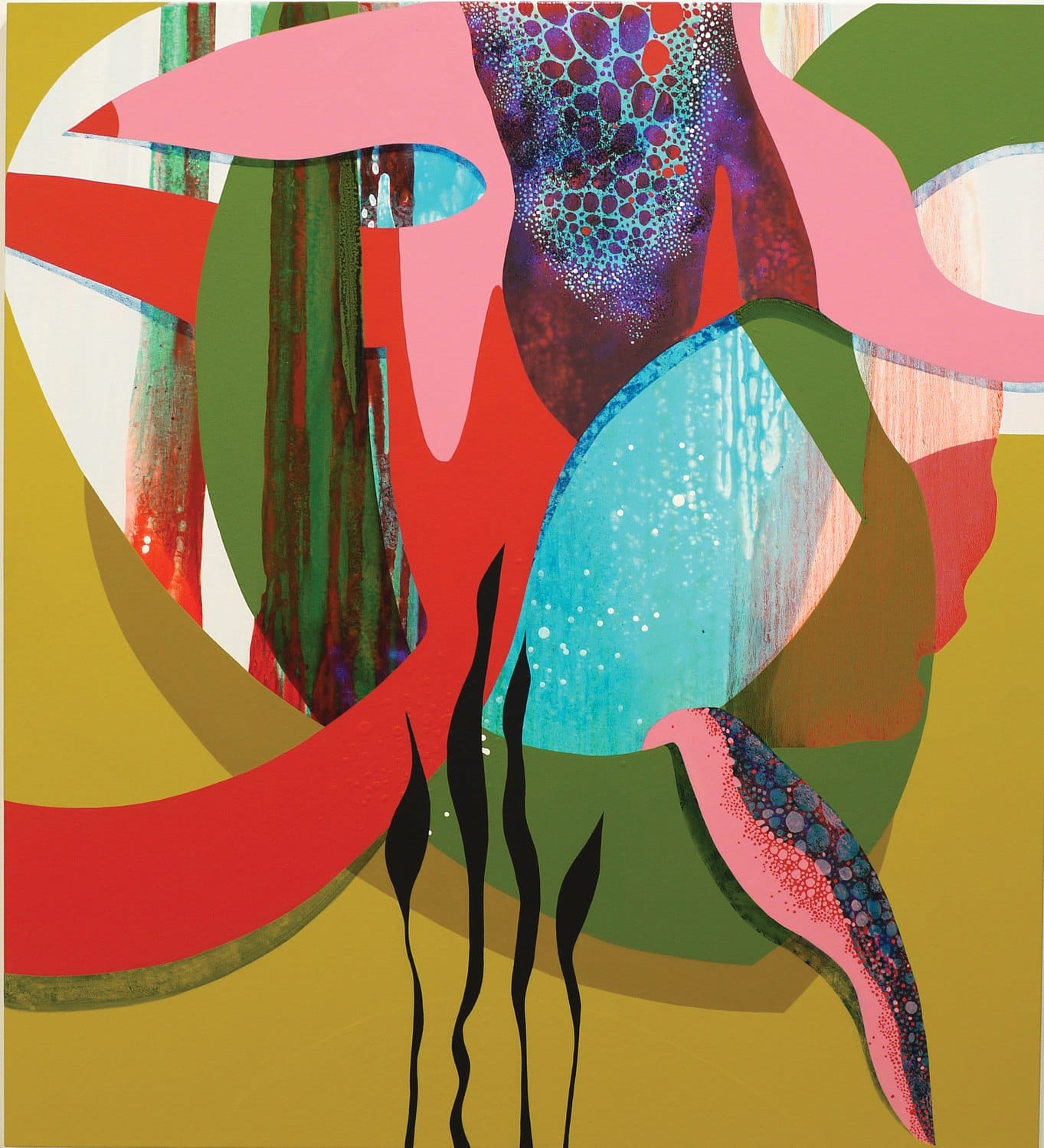 Abstract painting with bold colors including red, pink, blue, and green shapes on a yellow background with black accents.