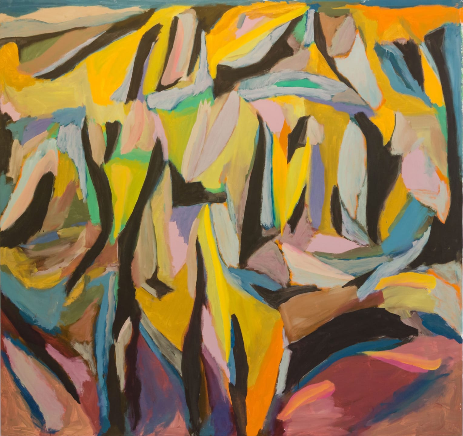 Abstract painting with vibrant, overlapping geometric shapes and bold colors, including yellow, blue, and pink.