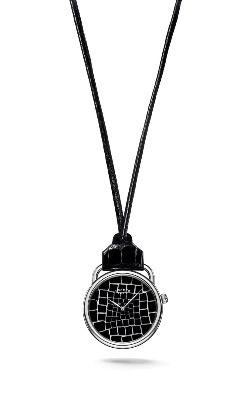 Black leather necklace with a round watch pendant featuring a cracked glass design on the watch face.