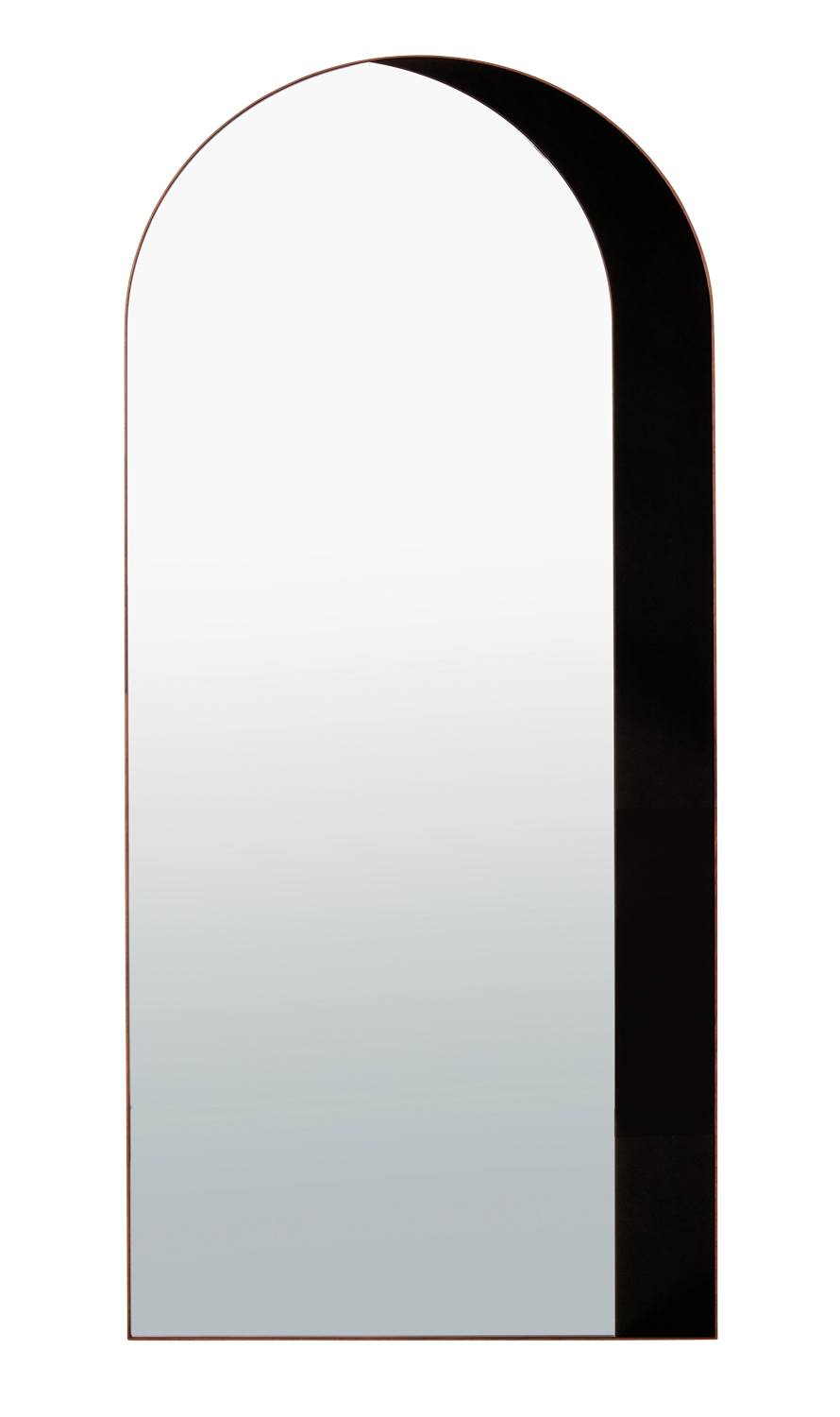 Arched wall mirror with a slim black frame, reflecting a gradient from clear to a white background.