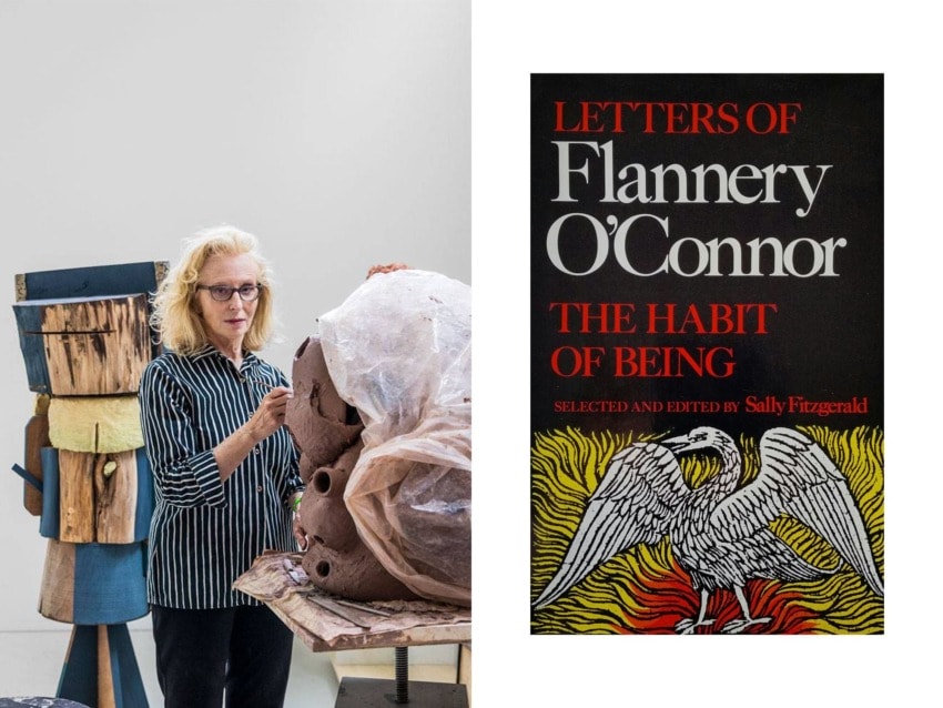 Artist working on a large clay sculpture beside a book cover titled "Letters of Flannery O'Connor: The Habit of Being"