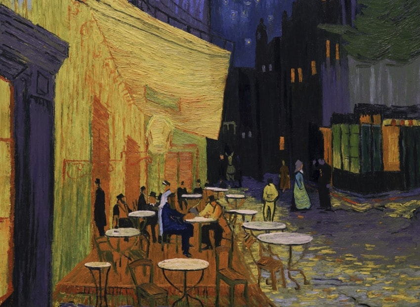 Painting of an evening café terrace scene with tables, chairs, and people, set under a starry night sky.