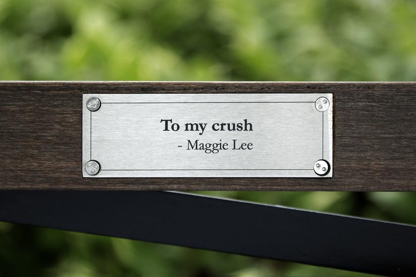 Engraved metal plaque on a wooden bench reading "To my crush - Maggie Lee" surrounded by greenery.
