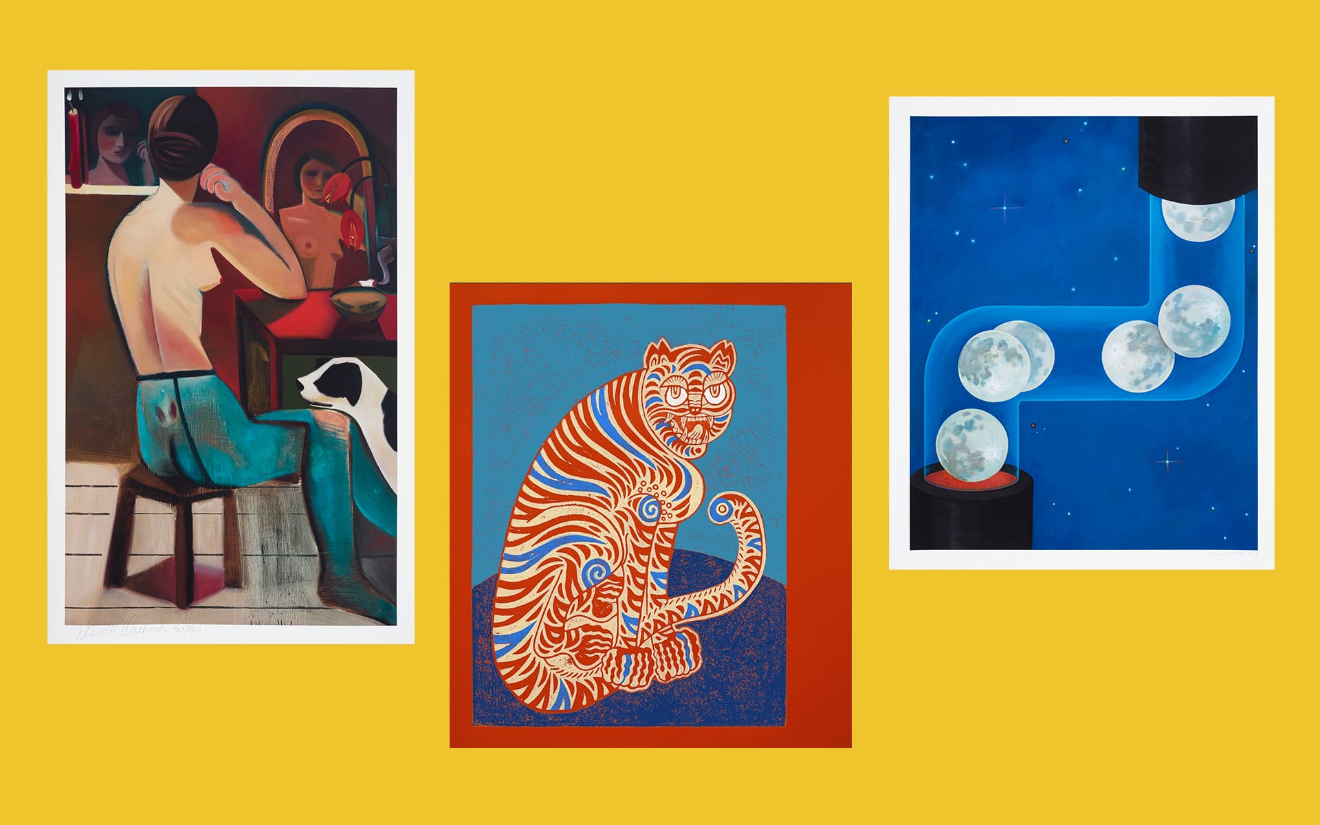 Colorful collage of abstract artwork featuring a seated woman, an ornate tiger, and moons in a surreal blue pipe on a yellow background.
