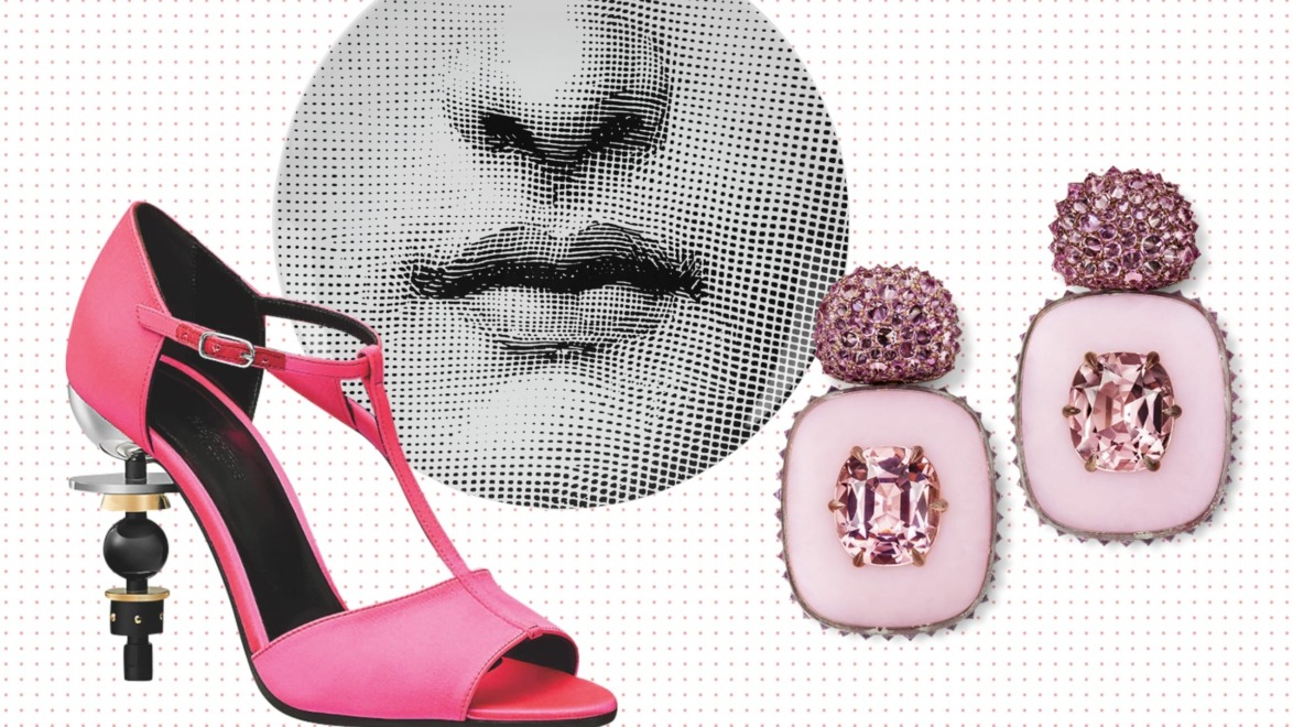 Pink high-heeled shoe, pink gemstone earrings, and an abstract art piece featuring a black and white close-up of lips.