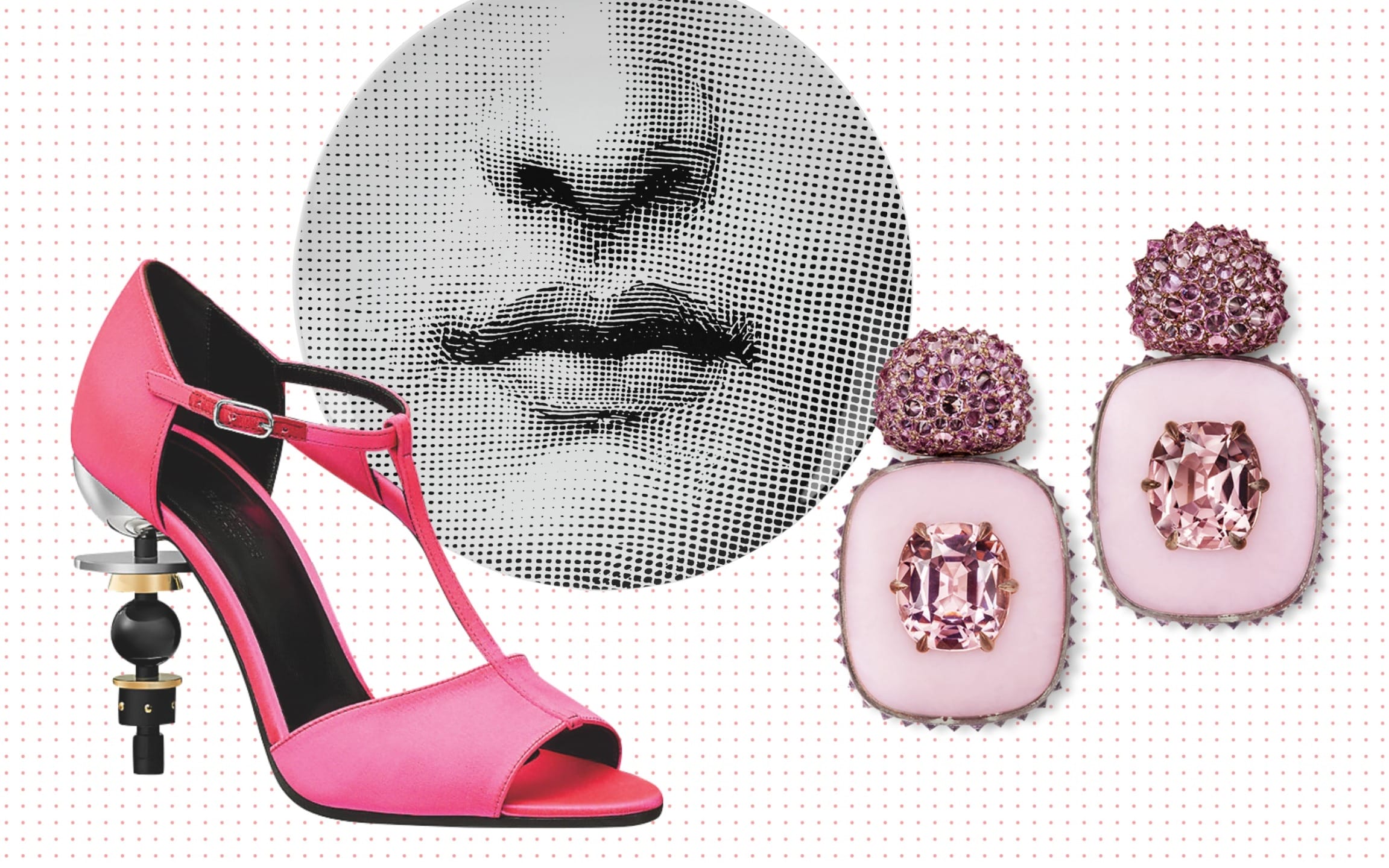 Pink high-heeled shoe, pink gemstone earrings, and an abstract art piece featuring a black and white close-up of lips.