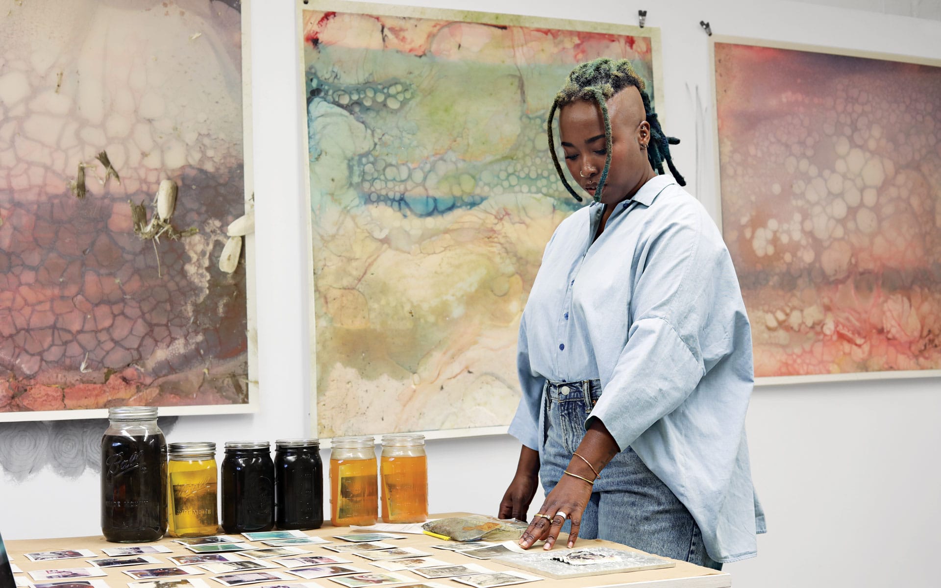 Renee Royale in her Evanston, Illinois, studio with works from her “Landscape of Matter” series.