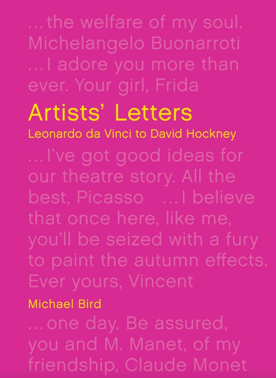 Book cover titled "Artists' Letters: Leonardo da Vinci to David Hockney" with quote excerpts on a pink background.