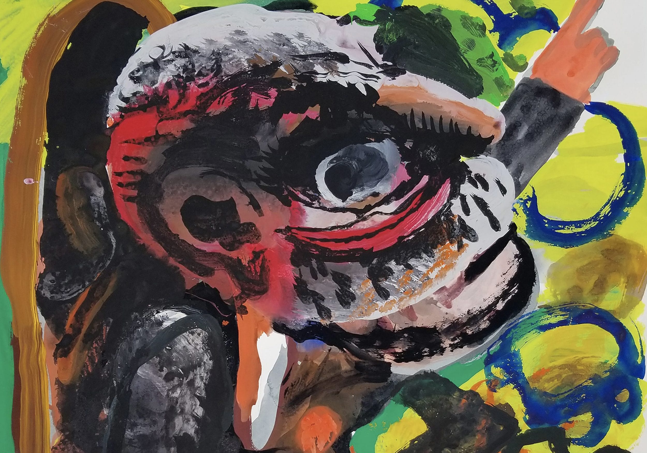 Colorful abstract painting with bold brushstrokes, featuring a large eye and expressive textures on a vibrant background.