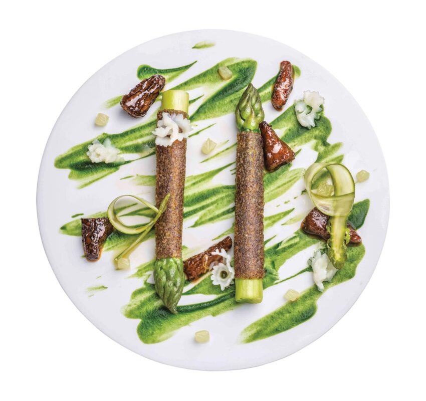 Plated gourmet dish with asparagus, mushrooms, and decorative green sauce on a white plate.