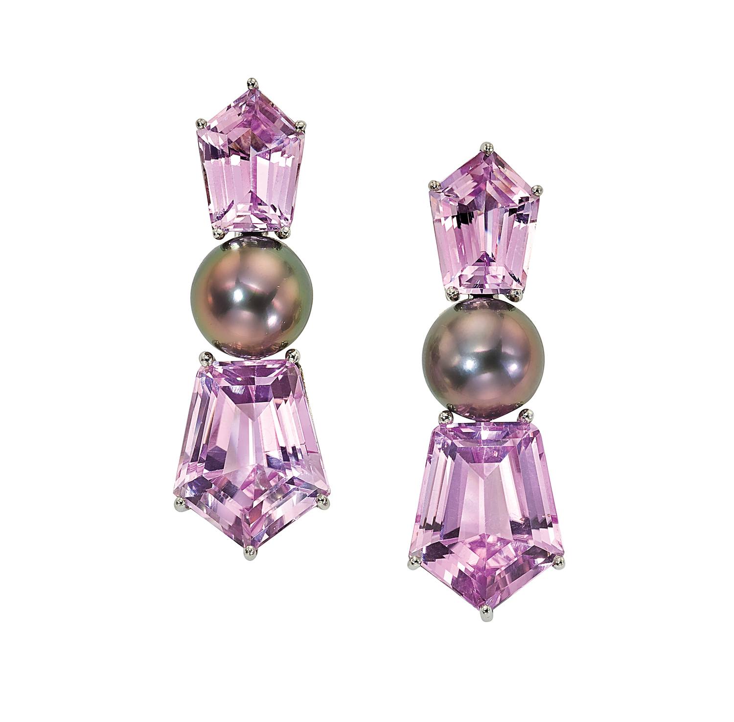 Pink gemstone earrings with dark pearl centerpiece in a geometric design.