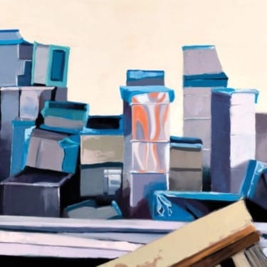 Abstract painting of stacked geometric shapes with blue, gray, and orange accents against a light background.