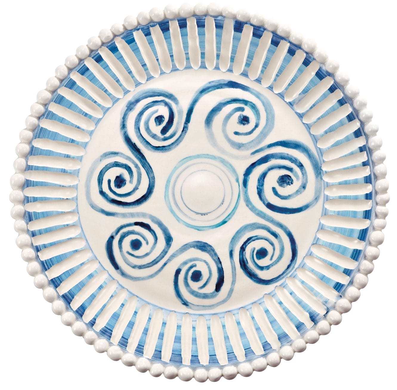 Blue and white ceramic plate with swirling spiral pattern and decorative rim.
