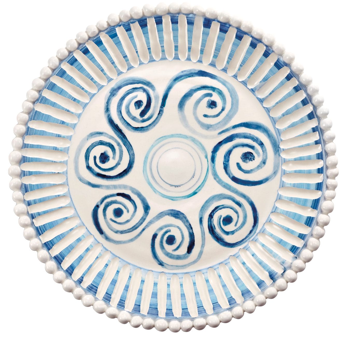 Blue and white ceramic plate with swirling spiral pattern and decorative rim.