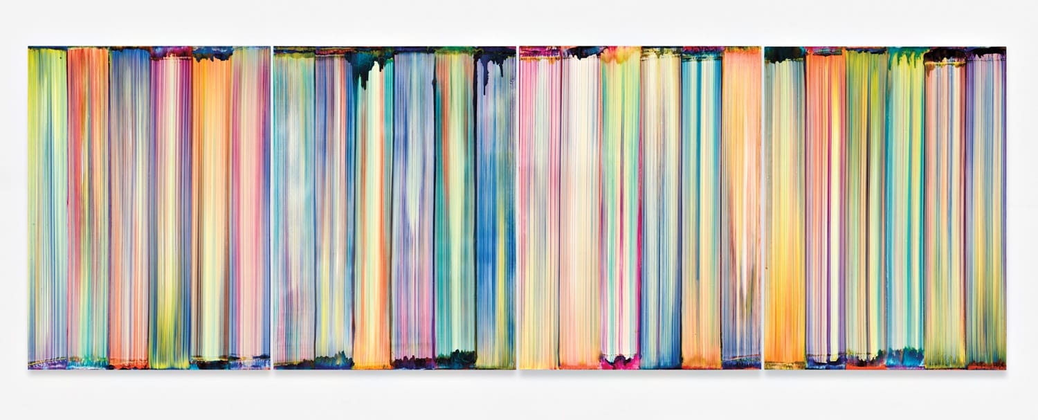 Abstract painting with vertical colorful stripes in vibrant hues across four connected panels on a white background.