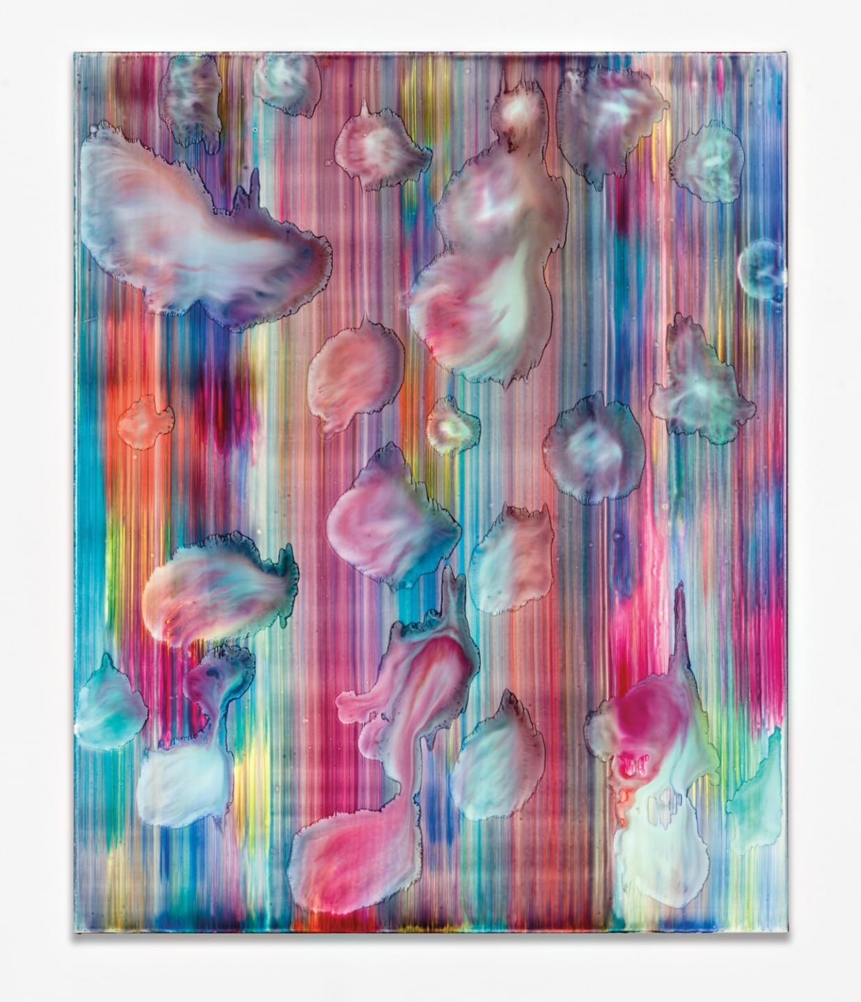 Abstract painting with colorful vertical streaks and cloud-like formations floating across the canvas, blending softly.