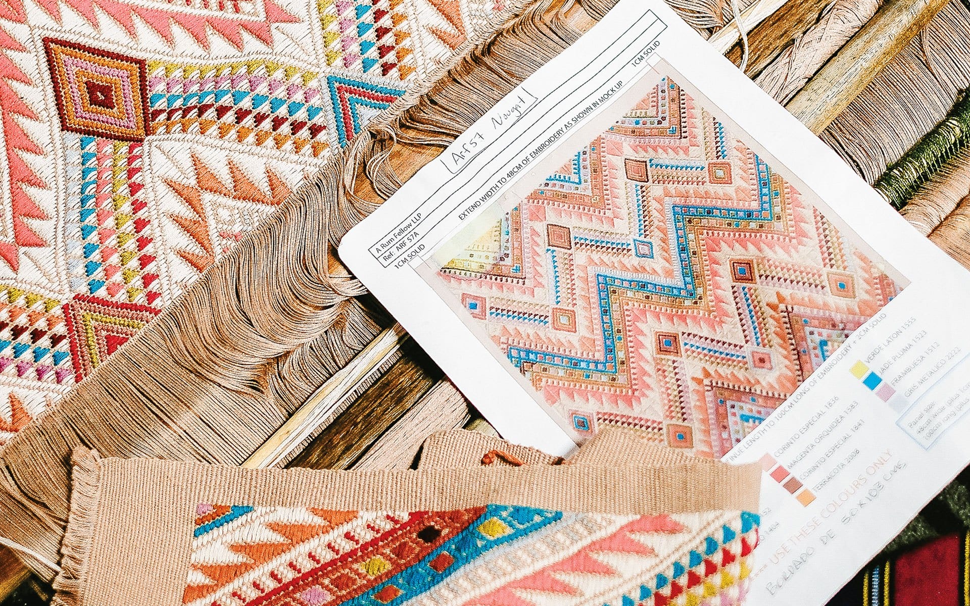 Patterned textile with geometric designs in vibrant colors, alongside a printed sheet showcasing the same pattern.
