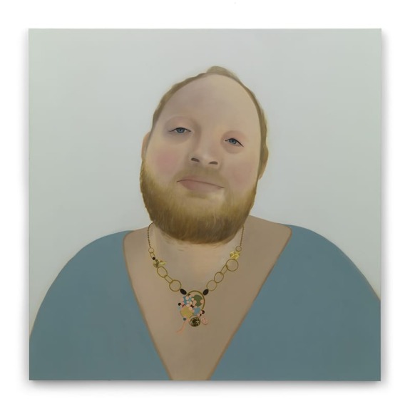 Painting of a person with a beard wearing a necklace and a blue top, set against a plain background.