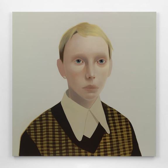 Painting of a person with short blond hair, wearing a brown plaid vest and white collared shirt against a plain background.