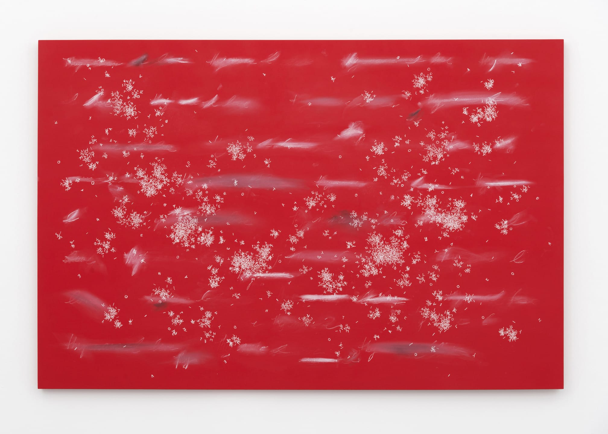 Abstract art on a red canvas with white star-like patterns and soft brush strokes creating a dynamic visual effect.