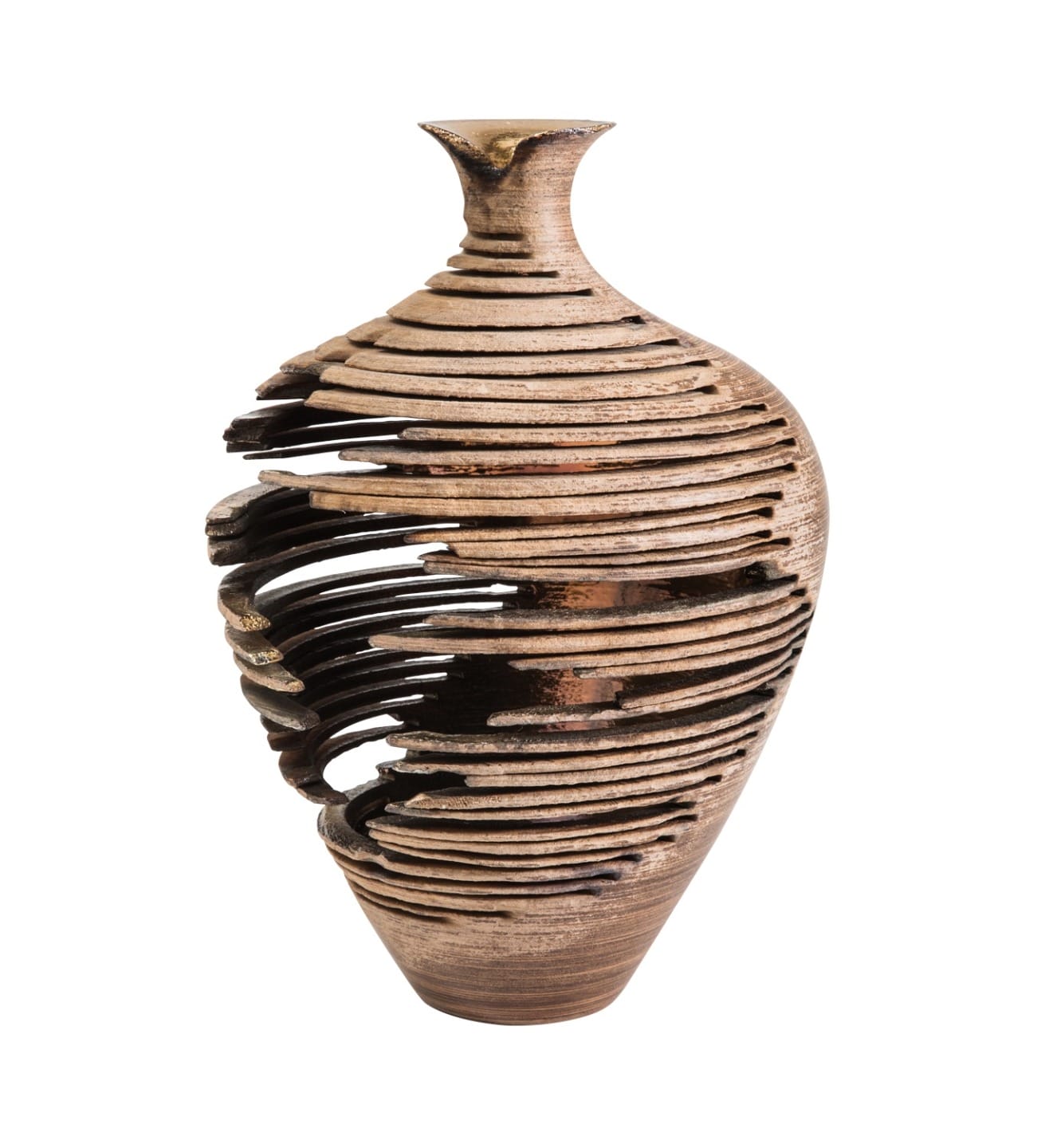 Tall, intricately carved wooden vase with layered, spiral design and hollow sections on a white background.