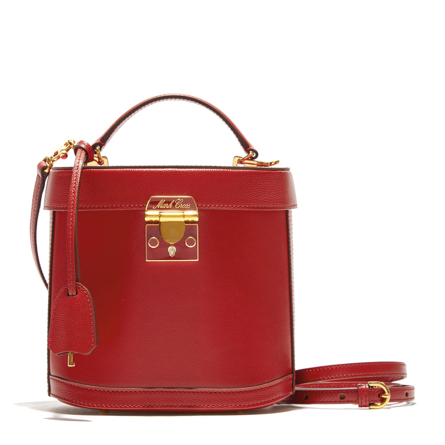 Red leather bucket handbag with top handle and adjustable strap, featuring gold-tone lock and logo detail.
