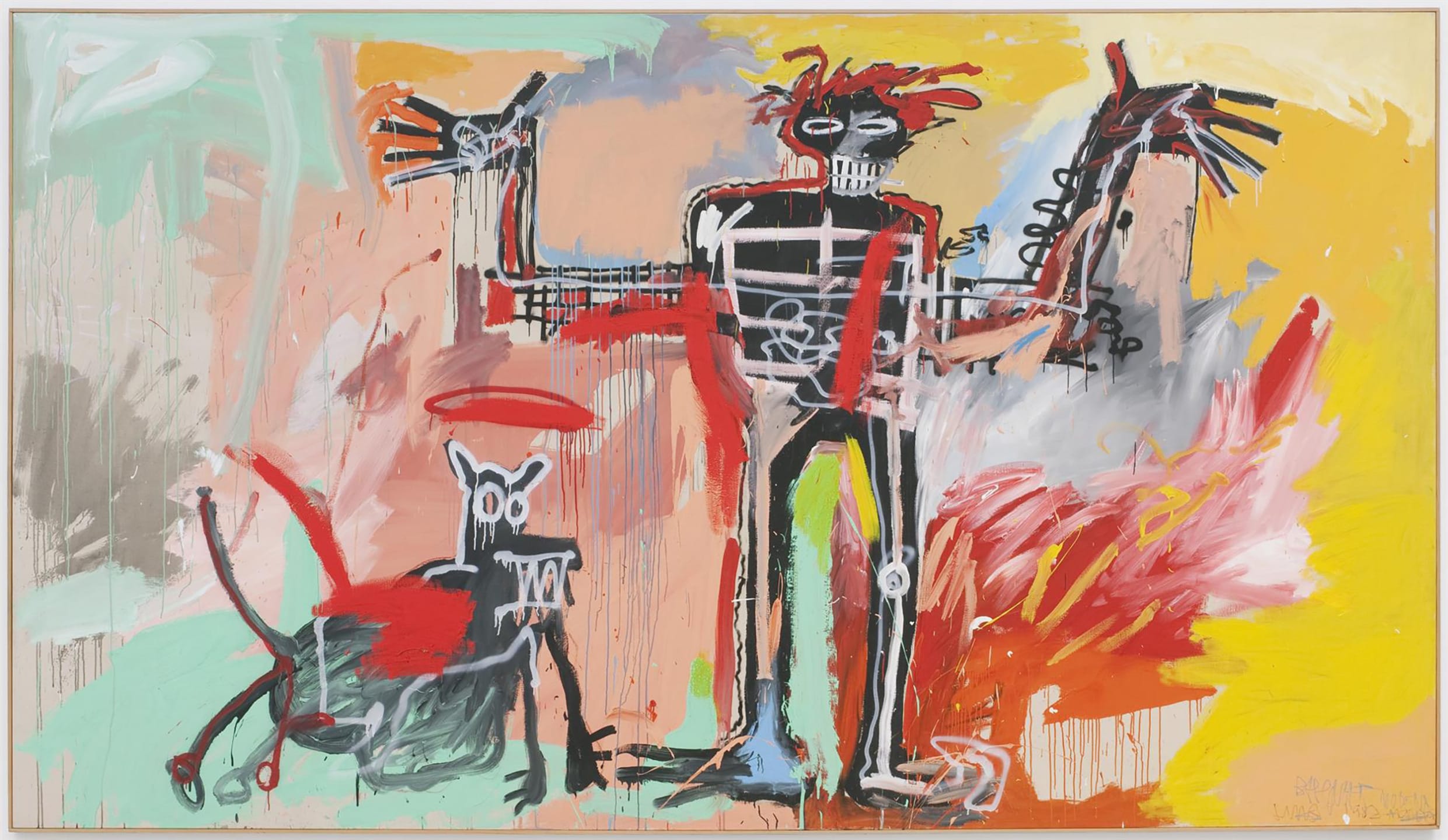 Abstract painting with a skeletal figure and a dog in vibrant colors by Jean-Michel Basquiat.