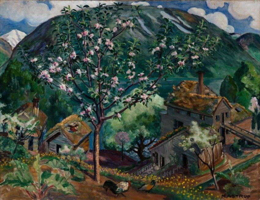 Colorful landscape painting of a rural mountain village with blooming trees, houses, and a scenic backdrop.