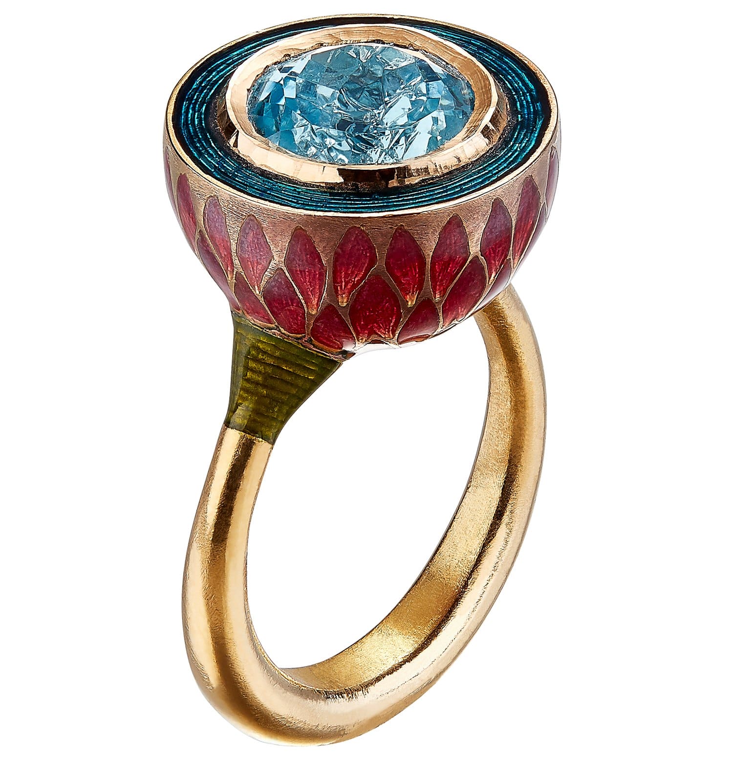 Gold ring with a large blue gemstone, red enamel detailing on the band, and intricate design elements.