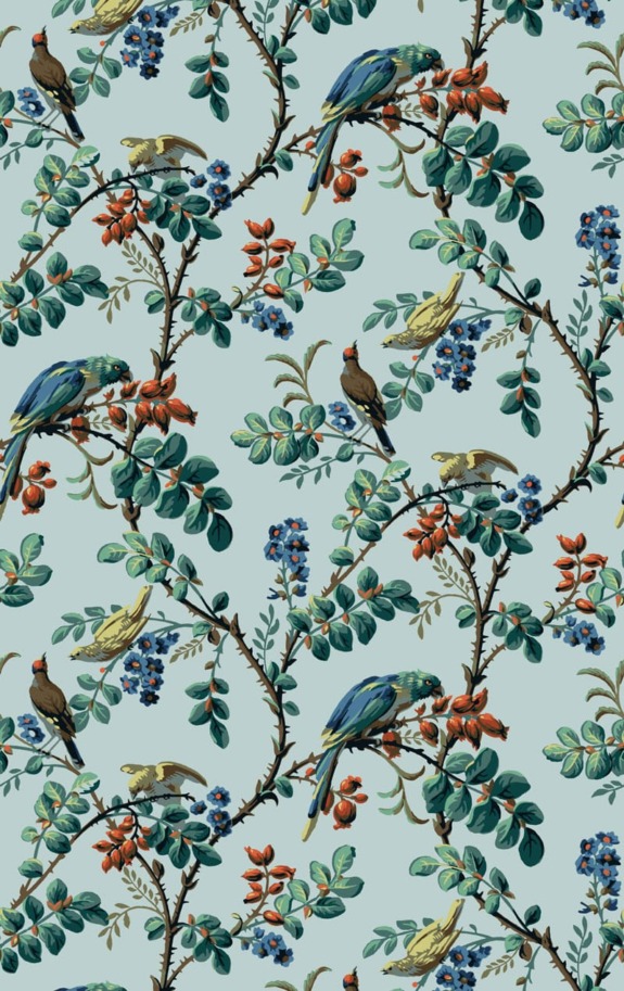 Vintage botanical pattern with birds perched on branches among green leaves and berries on a pale green background.