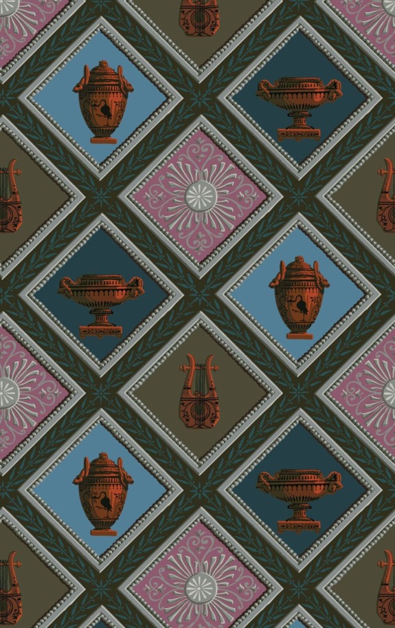 Vintage geometric pattern with ornate vases and instruments in diamond frames, featuring blue, pink, and green tones.